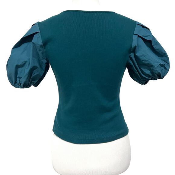 English Factory Top Puff Sleeve Henley Blouse Teal Blue Stretch Knit Size Small - Picture 7 of 10